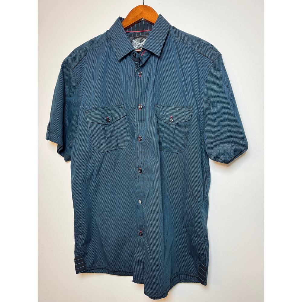 Drill Clothing Co Mens XL Short Sleeve Button Down Shirt Teal Black Pinstripe